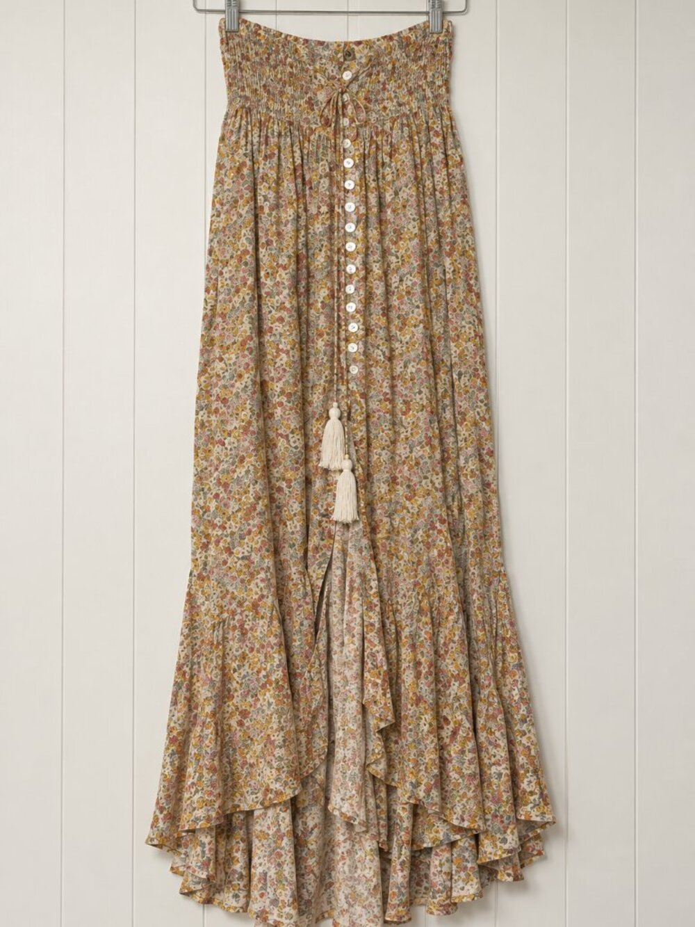 Rachel Zoe Maxi Skirt S Floral Smocked Waist Button Front Tassel Boho Rayon